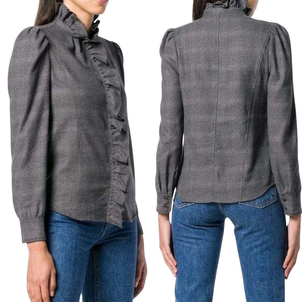 Isabel Marant Etoile Dules Ruffled Shirt Twill Mockneck Cotton Plaid Gray 12